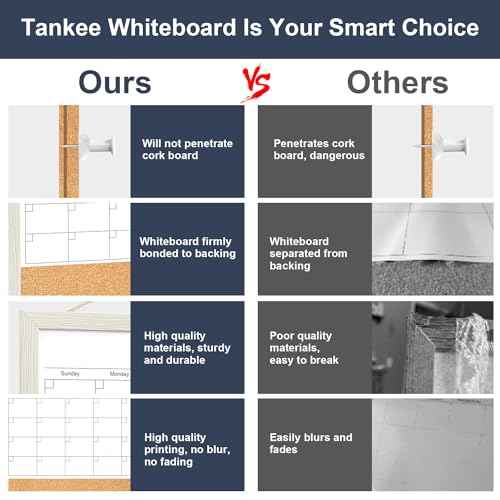 Calendar Whiteboard for Wall, TANKEE 17x13 Inches Whiteboard Calendar Cork Board Combo, Small Magnetic White Board with Wood Framed, Hanging Dry Erase Board for Kitchen Home Office School Planner