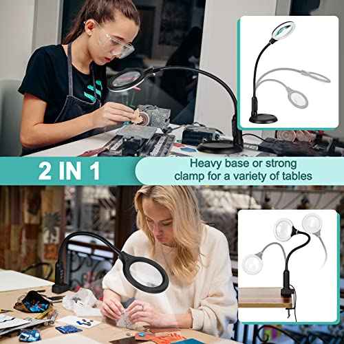 8X Magnifying Glass with Light and Clamp, 5 Color Modes Stepless Dimmable Lighted Magnifier with Stand, Flexible Gooseneck LED Desk Lamp Hands Free for Craft Reading Painting Hobby Close Work