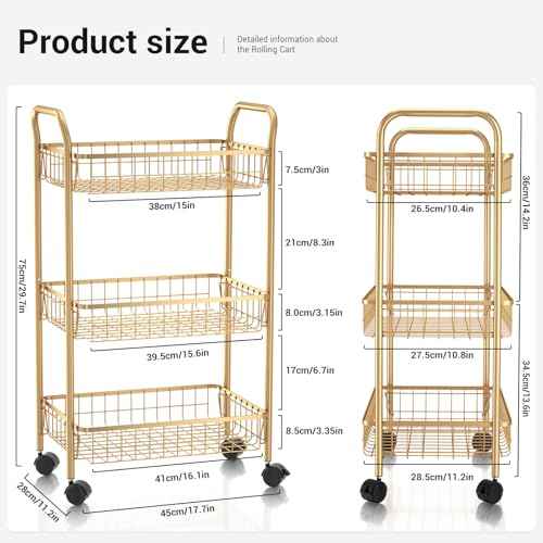 3 Tier Rolling Utility Cart, Storage Trolley Service Cart with Wheels Easy Assembly for Kitchen, Living Room, Office, Salon, Gold