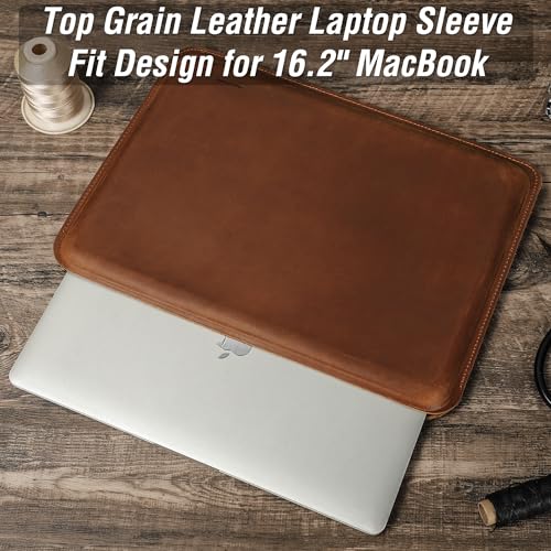 Top Grain Leather 16.2" Slim PC Sleeve Case, Solid Vintage Design, Handmade, Compatible with MacBook Pro 16.2" A2485 M1 Max 15" Touch Bar A2141 A1707 Pro 16" Touch ID A1990, Brown 16.2 Inch