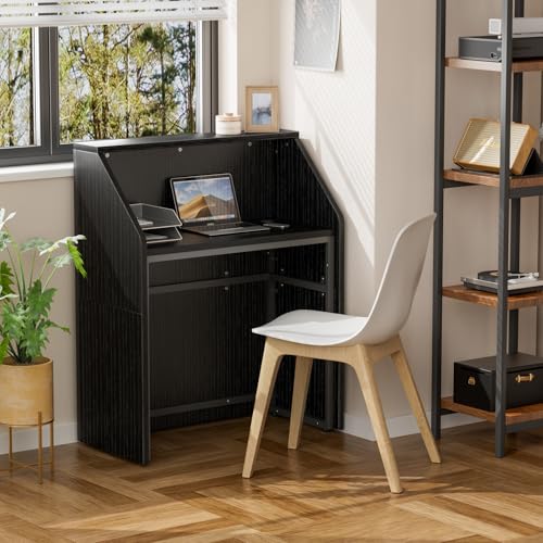 IGERI Small Black Reception Desk with Counter, 31.5in x 15.7in, 43.3in H - Front Desk for Salon/Office (Black)
