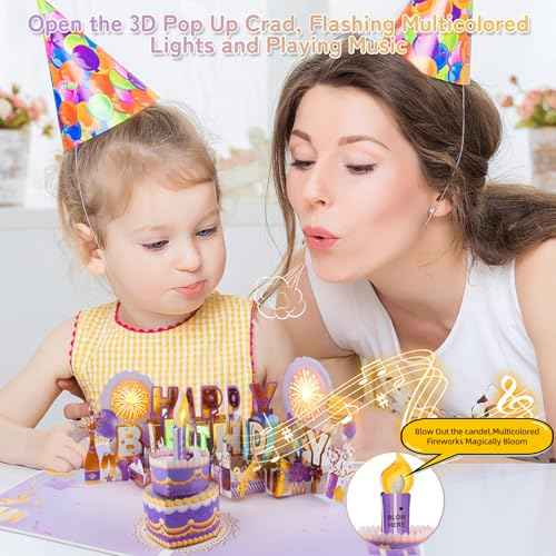 XTF2015 Firework Birthday Cards£¬Music & LED Lights 3D Pop Up Greeting Card with Blowable Birthday Cake, Comes with Digital DIY, Sticky Note and Envelope, for Lover, Family and Friend