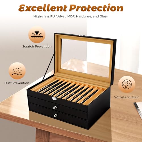 TFCFL Fountain Pen Display Case Box 36 Slots Wooden Collector Display Case 3 Layer Fountain Pen Storage Display Box as a Gift for Father, Boyfriend, Husband, Son, Colleague, Friend (Black, 36 pens)