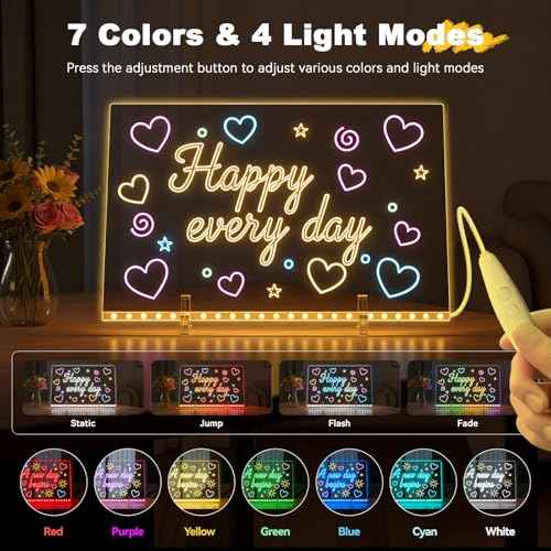 LED Note Board with 7 Colors - 13"x10" Light Up Acrylic Drawing Board for Kids, Chrsitmas Birthday Gifts for Girls Ages 5-12 Christmas Stocking Stuffers, Dry Erase Boards Includes Adapter