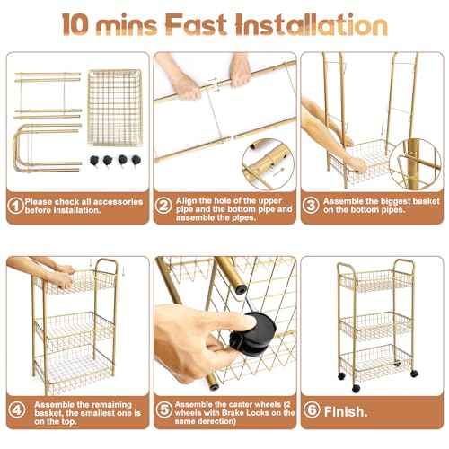 3 Tier Mesh Rolling Utility Cart, Gold Metal Organization Cart with Lockable Wheels, Multifunctional Storage Trolley Service Cart for Kitchen Living Room Office Salon