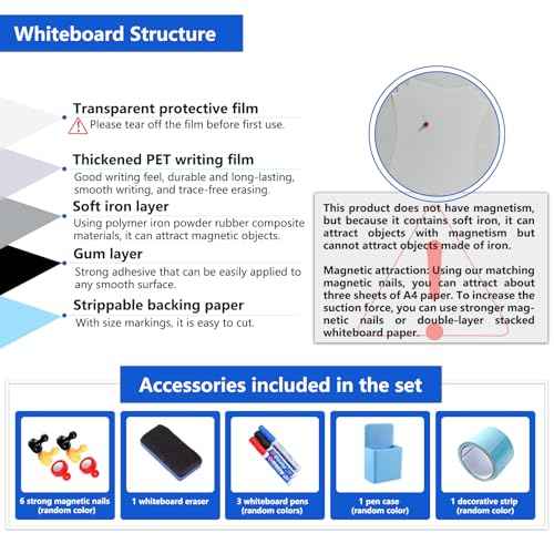 Magnetic Dry Erase Whiteboard Paper with Adhesive, 47" x 23" White Board Film for Wall, Easy to Write and Clean Dry Erase Board for Office, Classroom, Home, Include Marker, Magnetic Eraser and Magnets