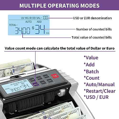 Aneken Money Counter Machine with Value Count, Dollar, Euro UV/MG/IR/DD/DBL/HLF/CHN Counterfeit Bill Detectors£¬Add and Batch Modes, Cash Counter with LCD Display