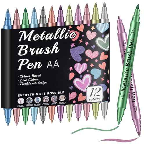 12 Pack Metallic Markers, Dual Tip Glitter Pens for Black Paper & Rock Painting Metallic Acrylic Paint Markers for DIY Crafts, Scrapbooking, Glass, Wood, Cards Alcohol Based Quick Dry Ink