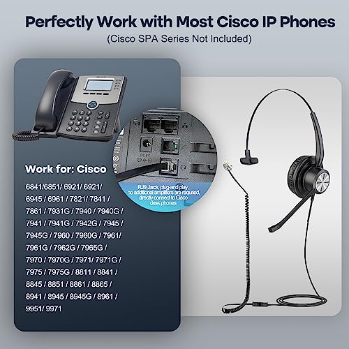 MKJ Cisco Phone Headset Corded RJ9 Telephone Headset with Noise Cancelling Microphone for Cisco CP-7821 7841 7942G 7931G 7940 7941G 7945G 7960 7961G 7962G 7965G 7975G 8811 8841 8861 9951 9971