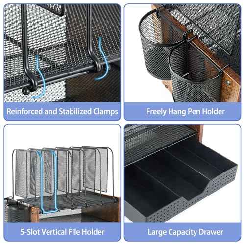 AUPSEN Desk Organizer Shelf, 4-Tier Mesh Wood Desktop Bookshelf File Organizer with 5 Vertical File Holders, Storage Drawer & 2 Pen Holders, Office Supplies Storage for Workspace Organizers