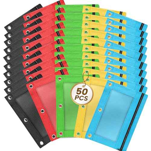 Pencil Pouch for 3 Ring Binder, 50 Piece Bulk 3 Holes Zipper Pencil Pouches in 5 Assorted Colors, Clear Durable Pencil Case for School, Classroom, Office Supplies