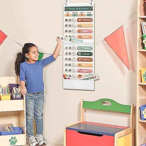 Godery Boho Daily Schedule Pocket Chart for Classroom with 24 Cards£¬Welcome Back to School Classroom Decorations, White