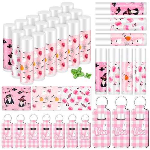 36 Pcs Halloween Lip Balms Gifts Bulk Halloween Party Favors Lip Balm Holder Keychain Spooky Ghost Skull Bat Lipstick Moisturizers for Adults Treat Bags Stuffers Party Supplies(Pink Style)