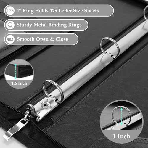 EYROZILL Zipper Portfolio Binder, 3 Ring Leather Binders 1-Inch Capacity for 8.5x11, with Document Pockets, Card Slots & Phone Holder (Black)