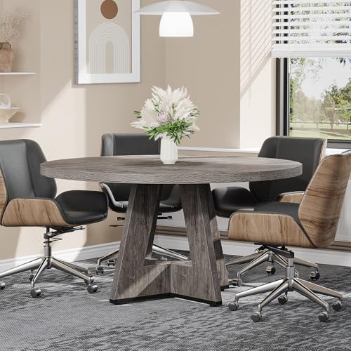 Tribesigns 47-Inch Round Conference Table Grey for 4-6 People, Wooden Meeting Room Table with Thickened Top and Wood Base