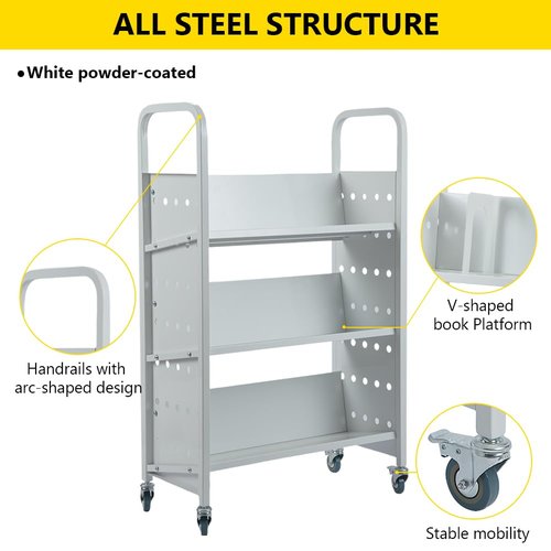Book Cart, 44'' x 29.5'' x 13.7'' Single Sided V-Shaped Library Book Cart, 200LBS Weight Capacity Library Cart with Four Wheels for Home, Office, School, Book Truck in Silver