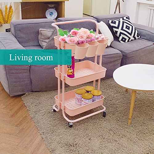 3-Tier Multifunction Rolling Cart Utility Storage Shelves Cart with Hanging Cup Lockable Wheels and Handle for Office Living Room Kitchen Bathroom (Pink)