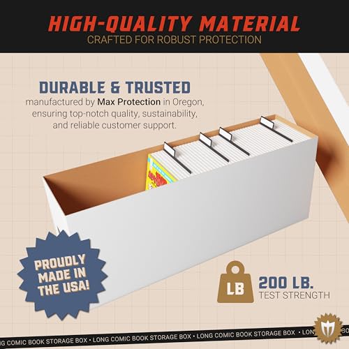 Max Protection Comic Book Storage Box - 3 Count Long Comic Book Boxes with White Corrugated Cardboard - Stackable Bin, Thick Case, Book Containers with Lid - Ideal for Comics, Magazines, Collectibles