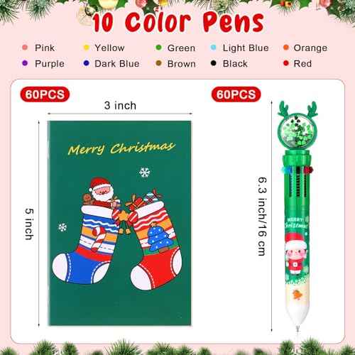 Tenceur 60 Pcs Christmas Mini Notebook Bulk and 60 Pcs 10 in 1 Christmas Ballpoint Pens Set Multicolor Ballpoint Pens for Christmas Student Teacher Bulk Gifts Party Favors