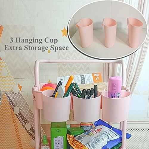 Ceeyali 3-Tier Rolling Utility Cart Storage Organizer Shelf Cart with Lockable Wheels and 3PCS Cups and 8PCS Hooks for Home Kitchen,Bathroom,Office,Laundry Room etc. (3 Cup 8 Hook Pink)