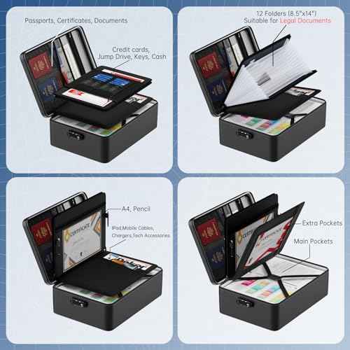 5200¢µ Fireproof Document Bag, Insulated Document Box with Lock, Important Document Organizer with Waterproof Zipper, Portable Soft Home Travel Office Safe Storage for Legal/Letter/A4 Files,Black