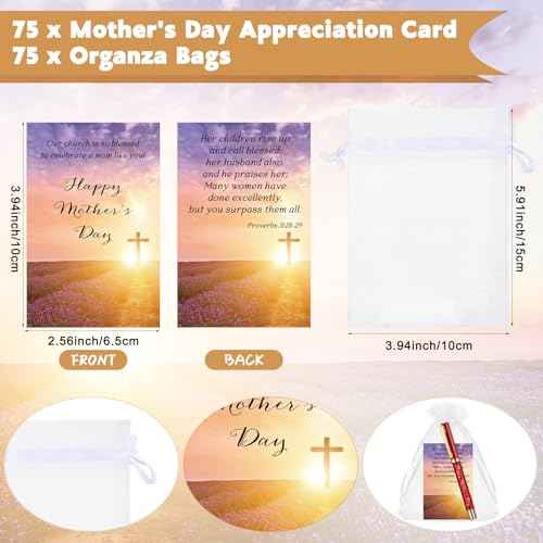 Tellingyou 75 Sets Mother's Day Church Gifts Bulk Included Happy Mother's Day Pens Inspirational Religious Cards Bible Verse Cards and Organza Bags for Women Church Members Christian Gift, 5 Colors