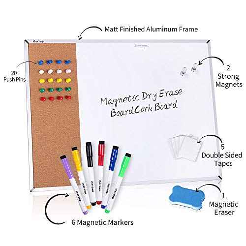 White Board & Cork Bulletin Board, 24" X 18", Combination Dry Erase Board & Cork Board, Vision Board for Home, Office, School - Includes 6 Magnetic Markers, 1 Eraser, 2 Strong Magnets and 10 Pins.¡¦