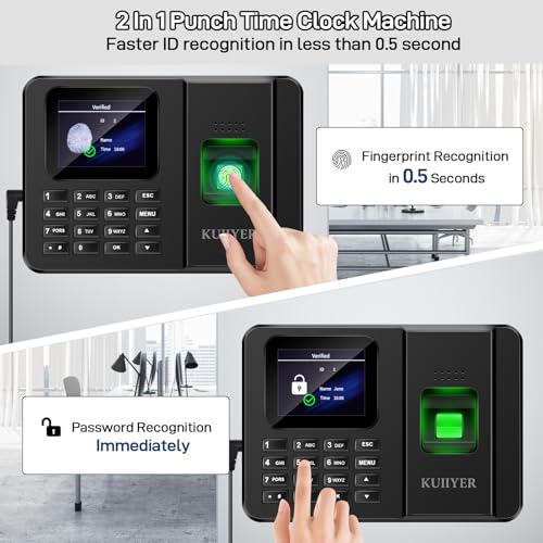KUIIYER 2 in 1 Time Clocks for Employees Small Business (Fingerprint + Password) Employee Clock in & Out Machine Attendance Punch Clock