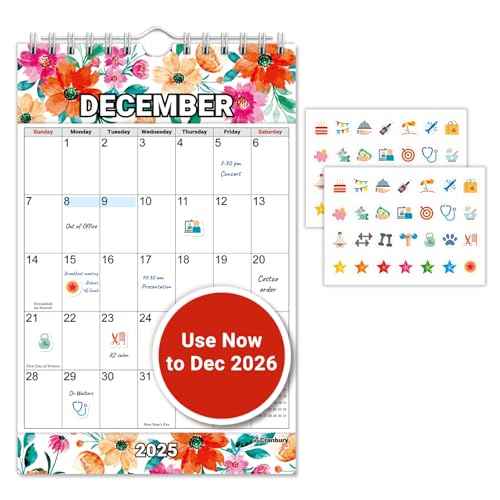 CRANBURY Small Wall Calendar 2025-2026, 5.5x8.5 (Floral), Mini Monthly Hanging Calendar for Bulletin Board, or Notepad Desk Planner, 14 Months Nov 2025-Dec 2026, Includes Stickers