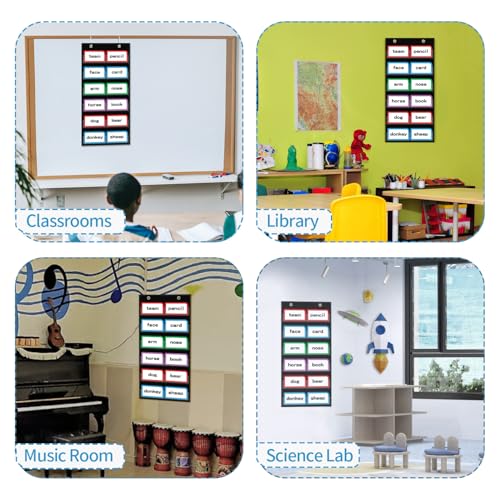 ANCOMEDO 10”W x 25”H Classroom Words Pocket Chart with 6 Clear Pockets, Black