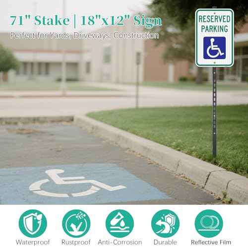 Handicap Parking Sign with 6Ft Stake, 18 x 12 Inch Engineer Grade Reflective Aluminum, Weather Resistant, Waterproof, Durable Ink
