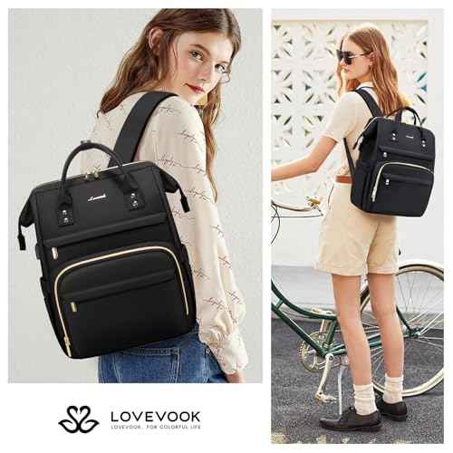 LOVEVOOK Laptop Backpack for Women,18 Inch Professional Womens Travel Backpack Purse Computer Laptop Bag Nurse Teacher Backpack,Waterproof College Work Bags Carry on Back Pack with USB Port,Black