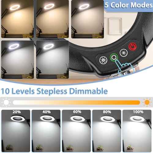 Drdefi 10X Magnifying Glass with Light and Stand, 2-in-1 Magnifying Desk Lamp Rectangular Base & Clamp, 5 Color Modes Stepless Dimmable, LED Lighted Magnifier Hands Free for Painting Sewing Craft