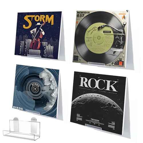 6Pcs Vinyl Record Display Shelf Wall Mount No Drill, Self Adhesive Clear Acrylic Album Holder, Invisible Floating Shelves for CD Shelf, Kids Bookshelf, Suitable for Home Office