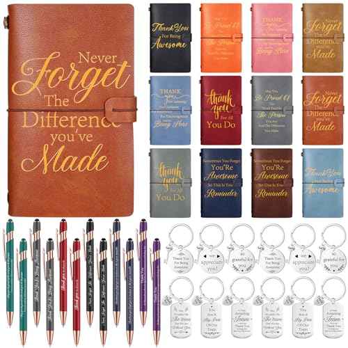 Fulmoon 36 Pcs Thank You Teacher Gift Include 12 Refillable Inspirational PU Leather Journal Notebook 12 Ballpoint Pen 12 Motivational Keychain Employee Appreciation Gift for Nurse Volunteer Coworker