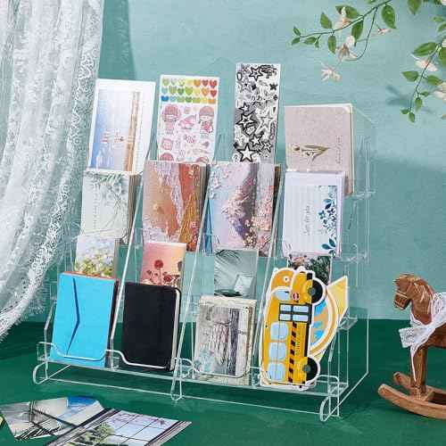 Acrylic Card Display Stand 4 Tier 16 Pockets Clear Display Sticker Holder Display for Vendor Events Acrylic Organizer Shelf for Greeting Cards Postcards Stickers Brochures