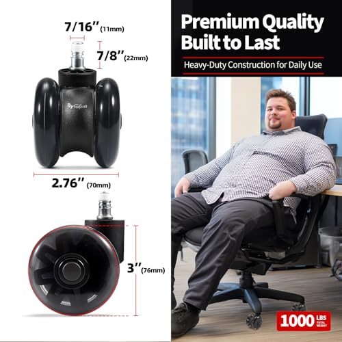 Sytopia 3-Inch Office Chair Wheels Set of 5, Quiet & Smooth Casters for Hardwood & Carpet, Universal Fit 11x22mm Replacement Wheels for Gaming Chairs, Heavy-Duty Supports 1000 lbs, Black
