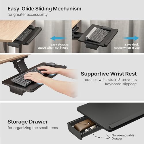 Keyboard Tray Under Desk with Storage Drawer, Height Adjustable Keyboard Tray Slide Out Swivel Tilt, Ergonomic Under Desk Mount Keyboard & Mouse Holder for Gaming Home Office, 25x11'', Black