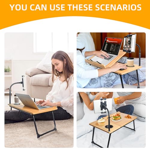 Laptop Desk in Bed, wishacc Adjustable Bamboo Lap Desk Table with Gooseneck Tablet Holder Mount for Laptop,Tablet,Phone,Book Reading