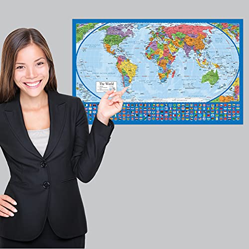 Palace Learning Blue World Map Poster & USA Map Set - 18x29 Durable Laminated Design