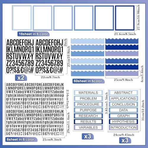 92 Pcs Science Fair Board Supplies 60 Trim Scalloped Poster Boards 18 Presentation Subtitles 6 Project Titles 8 Letter Sticker for Classroom Display Boards(Blue Tone)