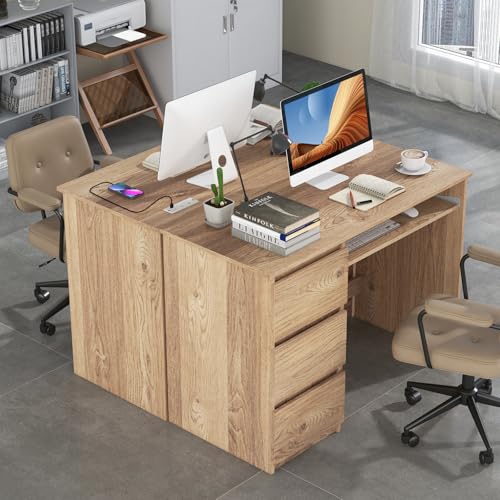 Tangkula Natural Computer Desk with 3 Storage Drawers & Built-in Charging Station