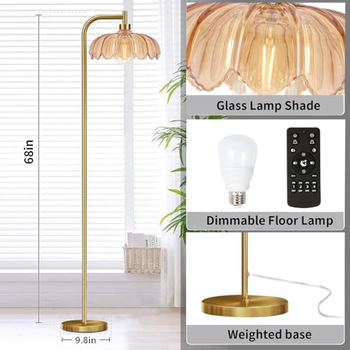 Brass Dimmable Floor Lamp Gold Glass,Tall Lamp Mid Century Modern Retro Standing Lamp with Remote Green Floor Light Lamp Boho Vintage Bohemian Bedroom