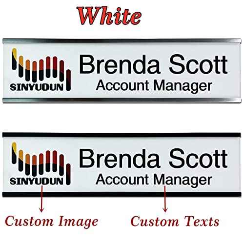 2" x 8" Personalized Aluminum Name Plates, Custom Office Desk or Wall Name Plates, Can Add Logo Image and Texts, Two Colors Silver, White, Holders are Optional (Custom Image+Text)