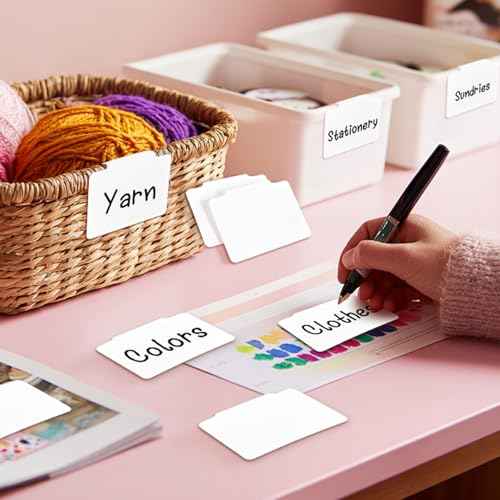 12pcs White Basket Labels Clip On for Storage Bins, Removable PVC Labels for Baskets with Holders, 3.5x2.7 Inches