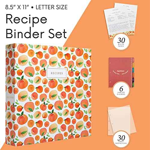 Jot & Mark 8.5" x 11" Sturdy 3 Ring Recipe Binder with Spill-Proof Clear Binder Sleeves Sheet Protector, 30 Dual-Sided Recipe Card Pages for Written & Printed Recipes, Tabbed Dividers, Peach Dream
