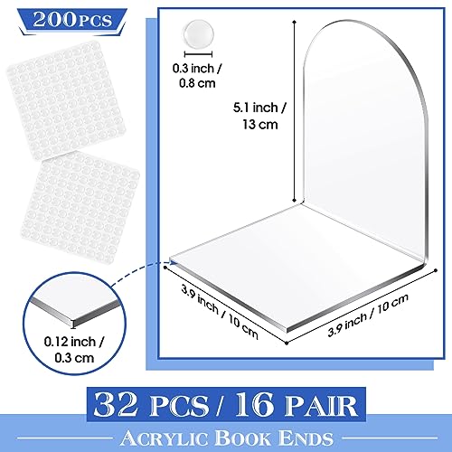 Leinuosen 32 Pcs Acrylic Clear Book Ends with Silicone Pad Non Skid Book Holders Arch Shape Heavy Duty Bookends Stoppers for Movies, CDs, Video Games (Clear)