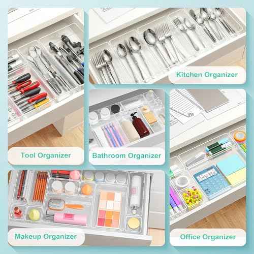 Clear Plastic Drawer Organizers Set of 45 Vanity Organizers Stackable Storage Bins Dividers Bathroom Organizers Storage Vanity Organizer Bins for Makeup, Kitchen Utensils, Jewelries, Office