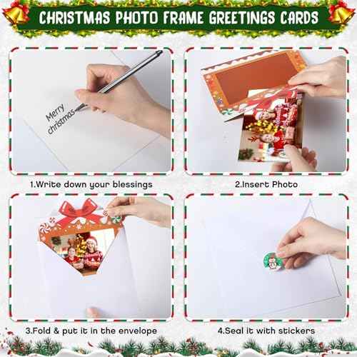 Capoda 200 Sets Christmas Photo Frame Greetings Cards with Envelopes Fits 4 x 6 Photo Insert Present Box Style Christmas Photo Frame Greeting Cards for Christmas Tree Xmas Party Decorations Favors