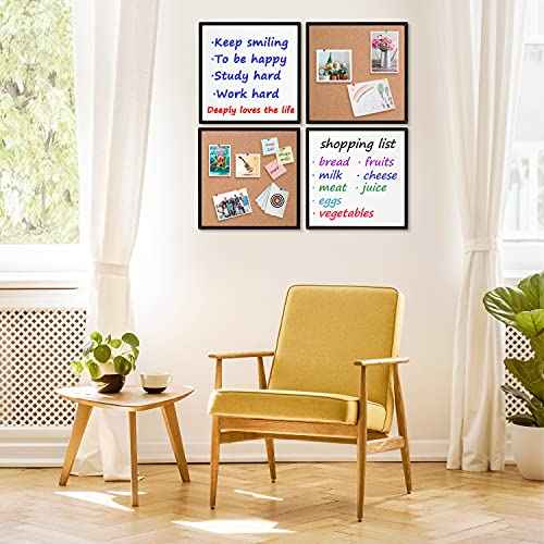 Cork Bulletin Board and Magnetic Dry Erase White Board for Wall, 4-Pack 12" X 12" Square Tiles with Black Framed Combination Board¡¦